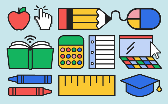 An illustration featuring back-to-school items like pencils, crayons, apples, and rulers.