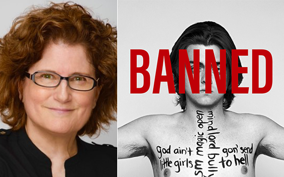 Kimberly Butler with a black and white photograph of a shirtless person with handwritten notes across their chest and the word Banned printed in red across their face.