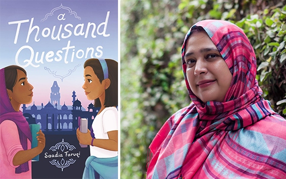 Cover of A Thousand Questions and headshot of Saadia Faruqi.