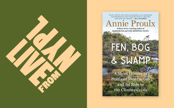 LIVE from NYPL logo and cover of Fem. Bog, and Swamp by Annie Proulx.