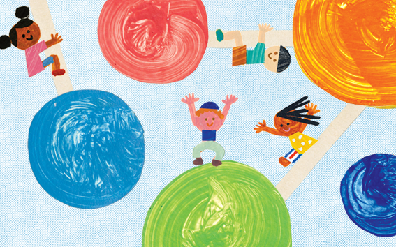 Illustration of a diverse group of children frolicking on colorful lollipop-like structures against a light blue background.