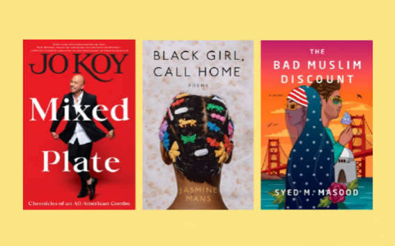 Yellow graphic with three book covers: Mixed Plate by Jo Koy, Black Girl, Call Home by Jamine Mans, and the Black Muslim Discount by Syed M Masood.